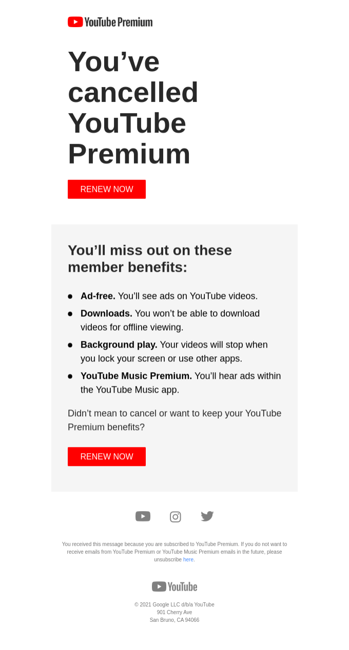 This image is an example of no-reply unsubscribe confirmation from YouTube Premium taken from reallygoodemails. 