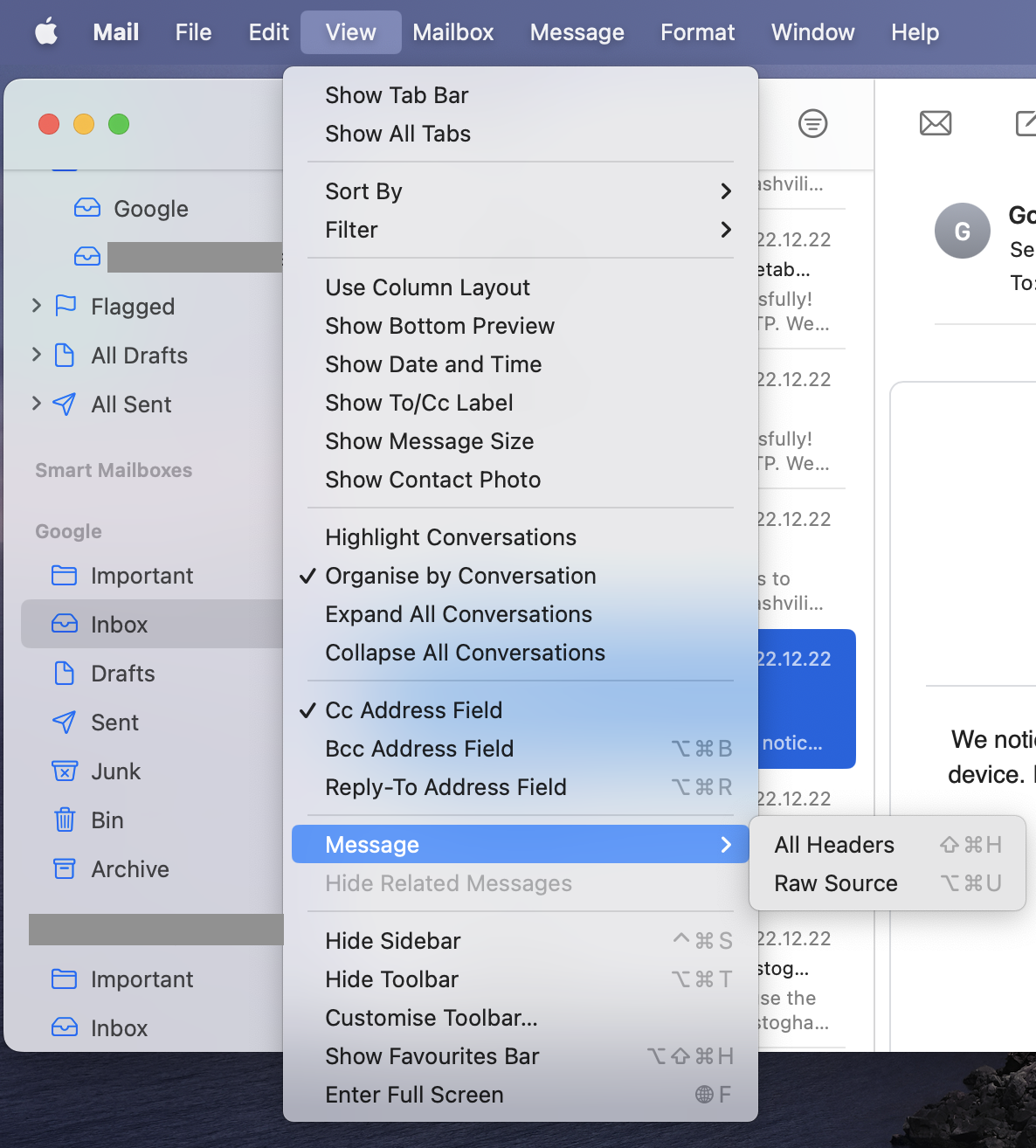 Viewing the email headers in Apple Mail 
