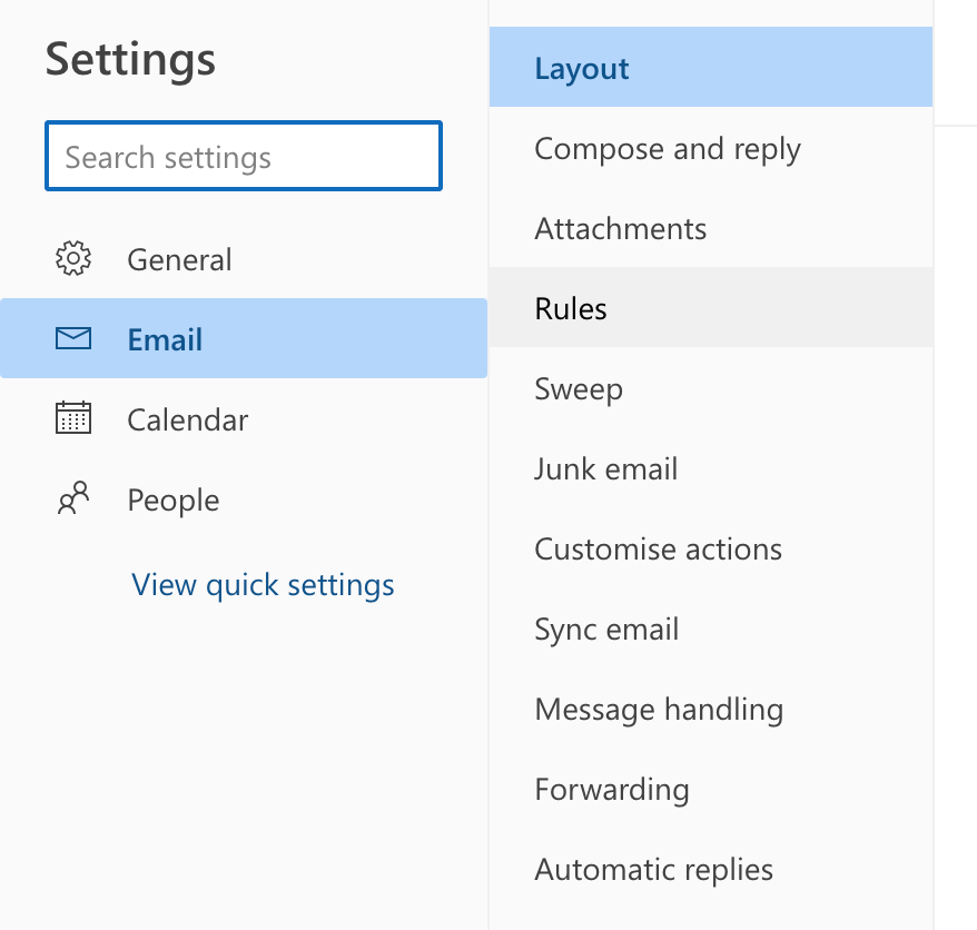 Creating inbox rules in Outlook webmail
