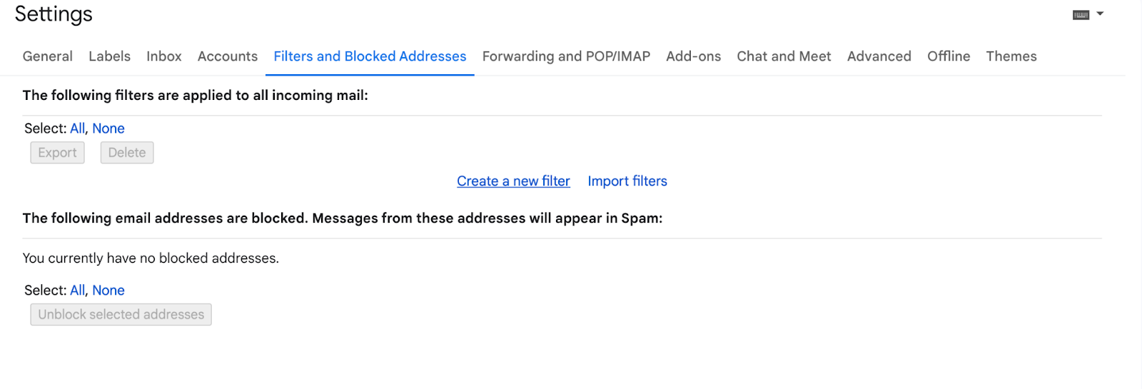 Creating a new filter in Gmail 