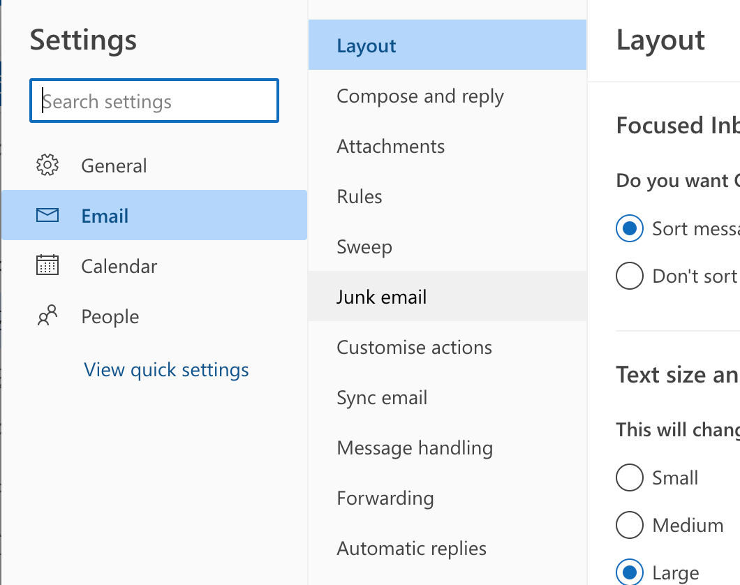 Navigating to junk email settings in Outlook webmail 