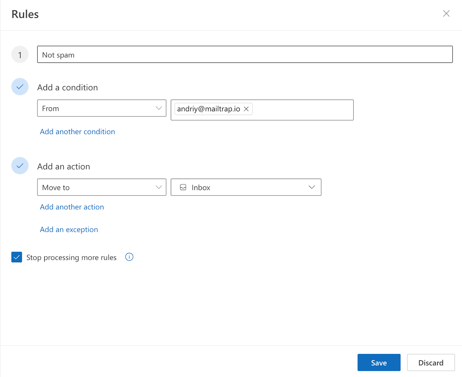 Stopping emails from going to spam with inbox rules in Outlook webmail