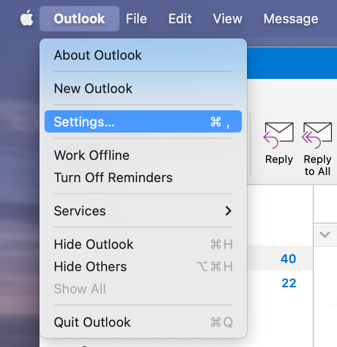 Viewing outlook settings in app 