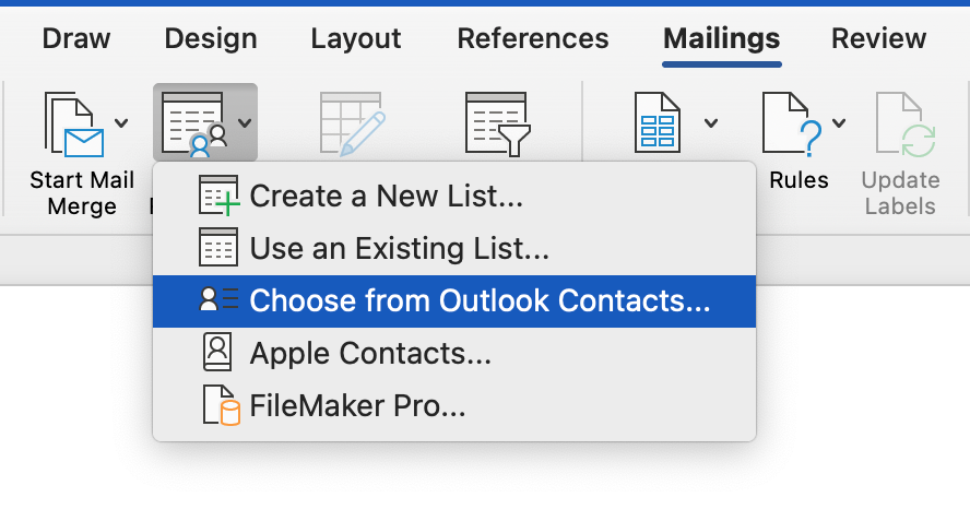 Selecting Outlook contacts as a data source
