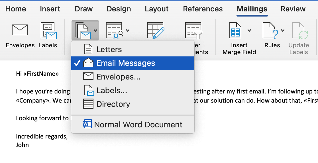 This is an image showing the Email Messages option under Mailings in Word 