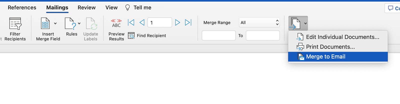 Selecting merge to email 