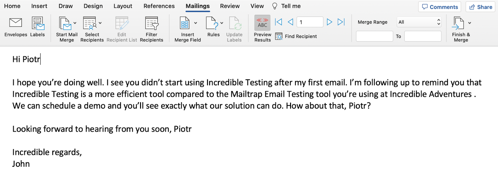 Previewing the mail merge email 