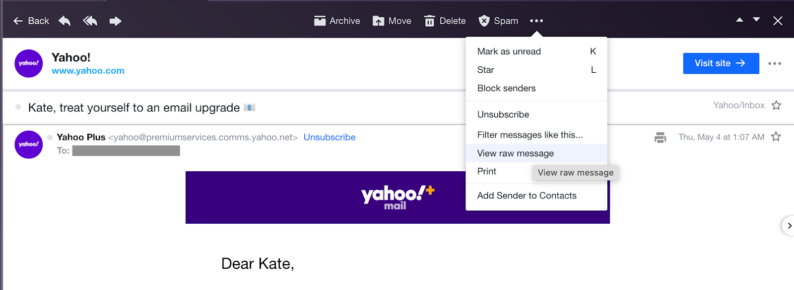 Viewing email headers in Yahoo 