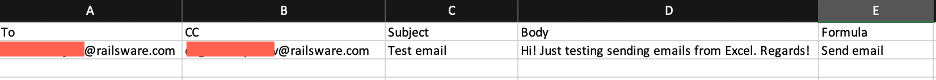 Populating Excel with sample email data such as recipient's email address, CC email address, subject, body, and Formula 