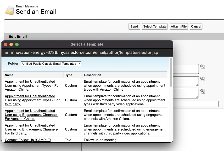 Salesforce select a template popup
