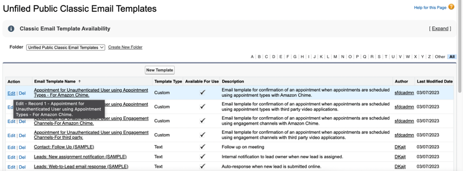 Salesforce Lightning editing menu for the Unified Public Classic Email Templates