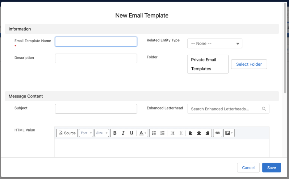 Salesforce New Email Template information and message content
