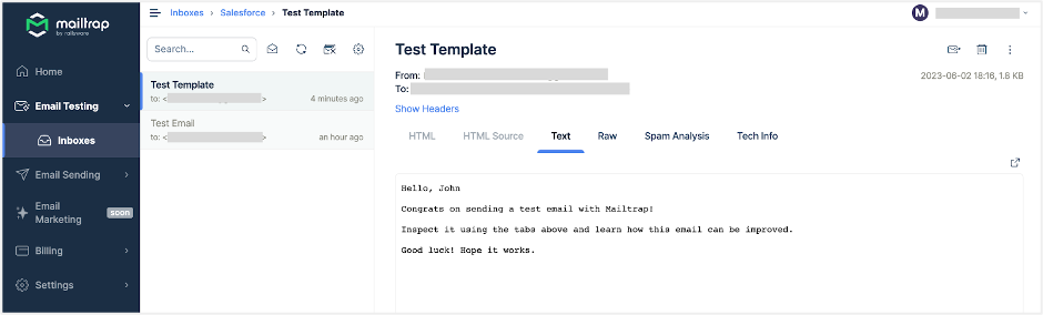 Mailtrap Email Testing inbox view Test Template 