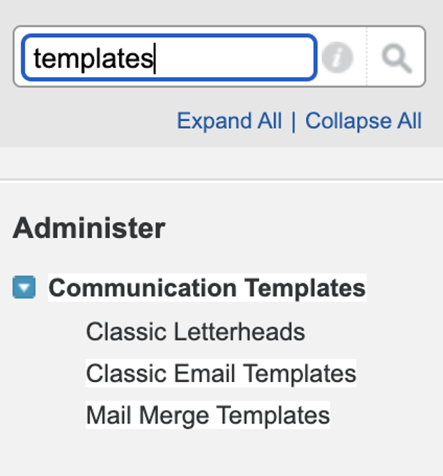 Salesforce Classic search for templates 