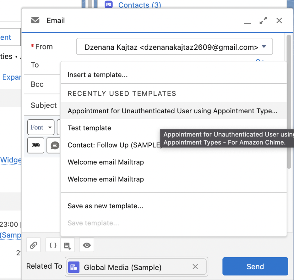 Salesforce Lightning send email template selection