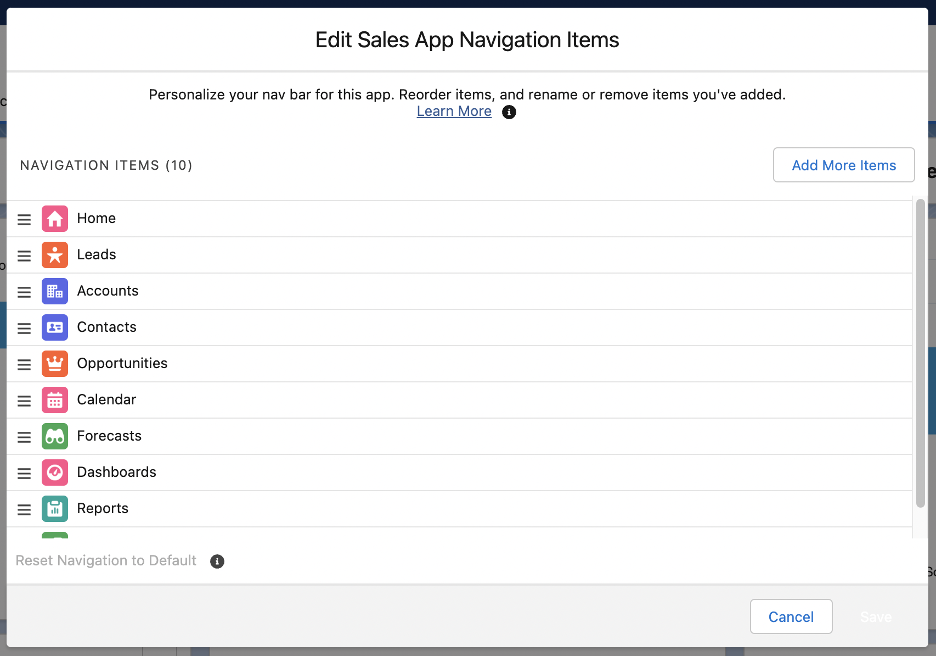 Salesforce Edit Sales App Navigation Items menu