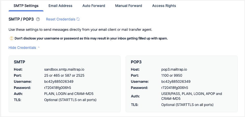 Mailtrap Email Testing SMTP credentials menu