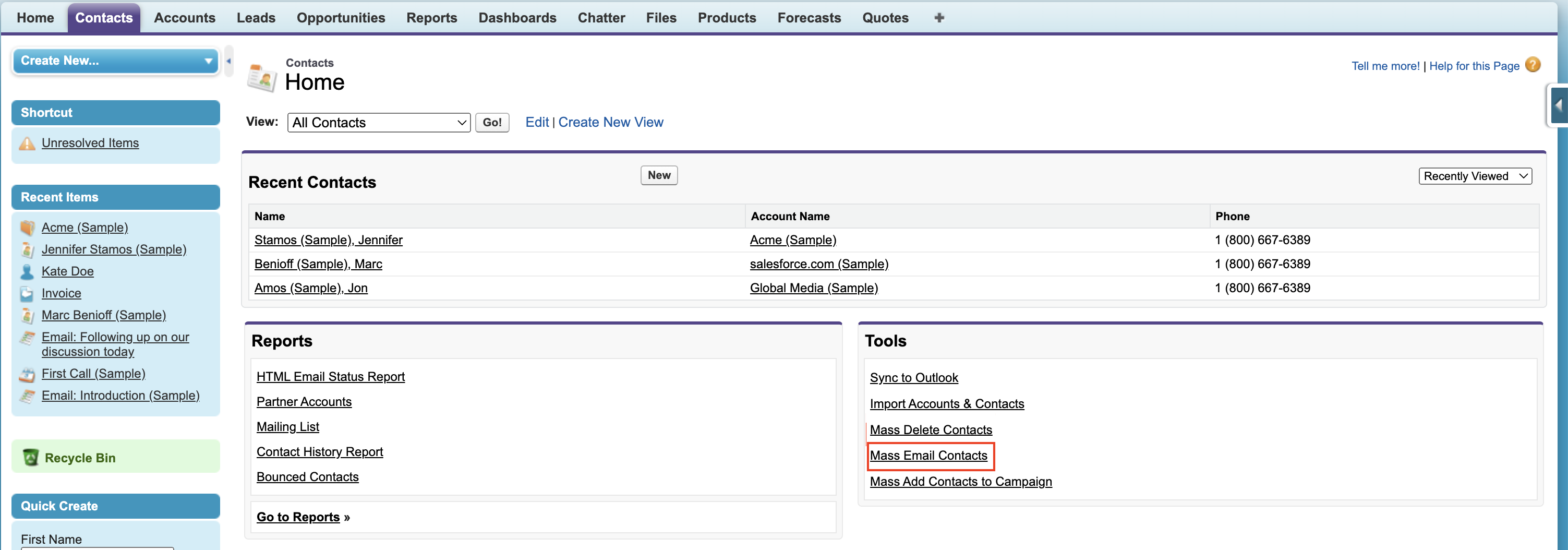 Choosing 'Mass Email Contacts' in Salesforce Classic 