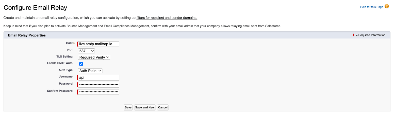 Configuring email relay with Mailtrap Email Sending credentials 