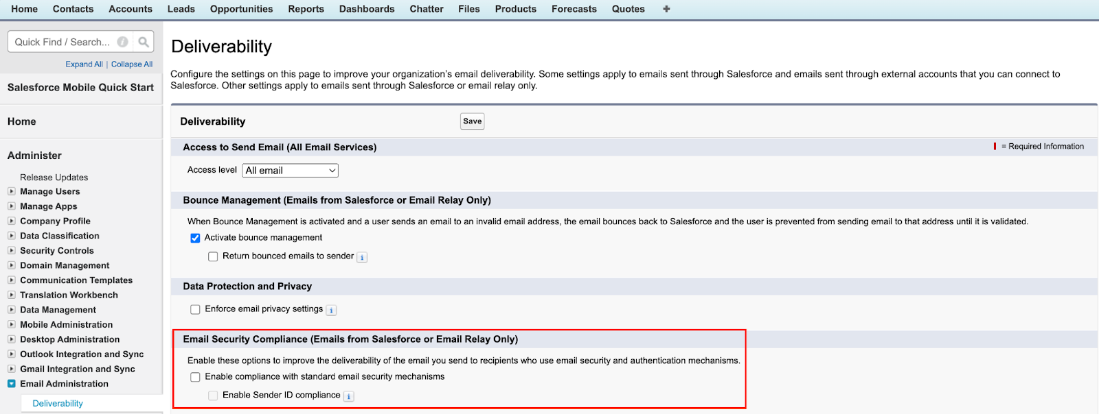 Configuring deliverability settings in Salesforce Classic 