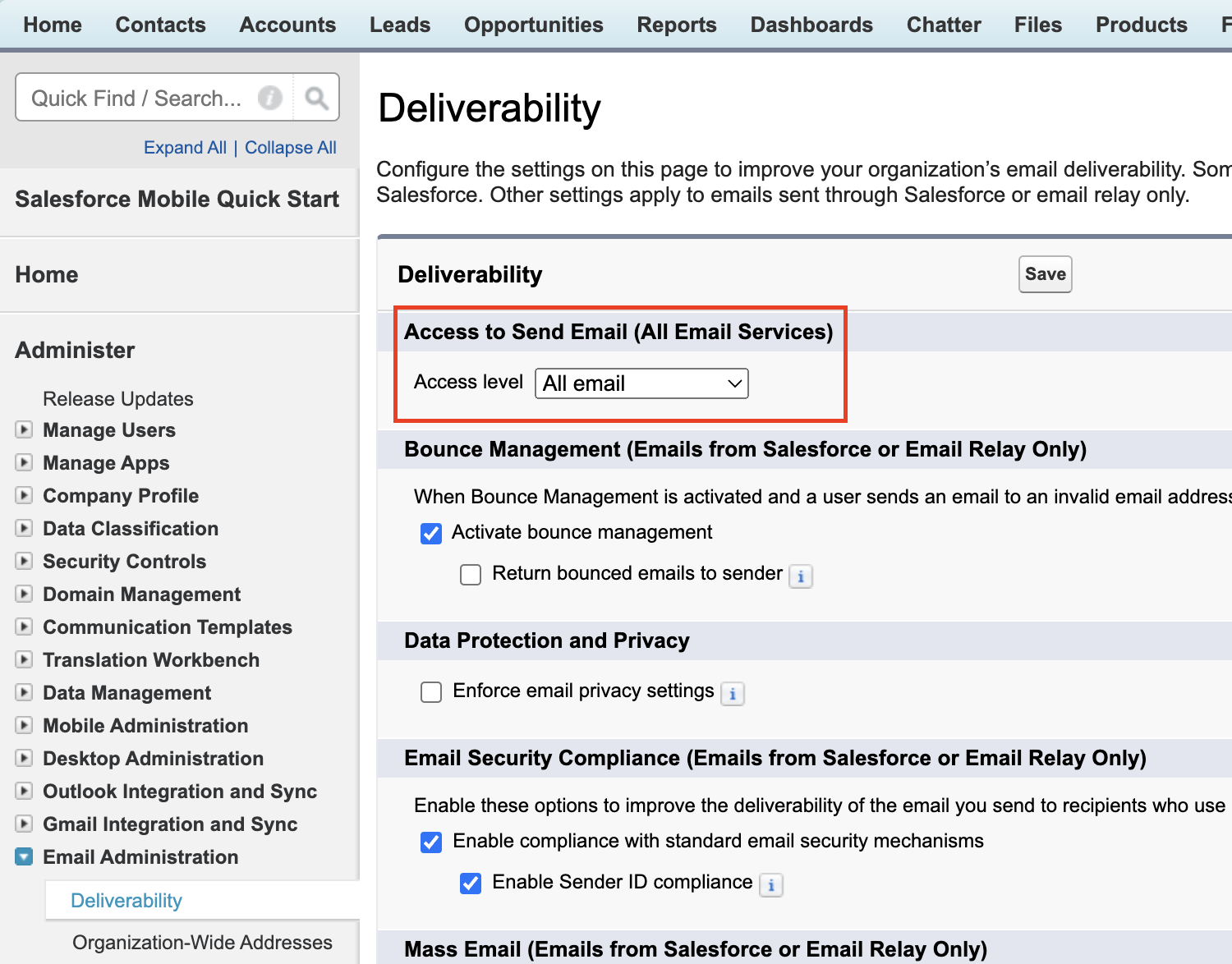 Configuring deliverability in Salesforce Classic