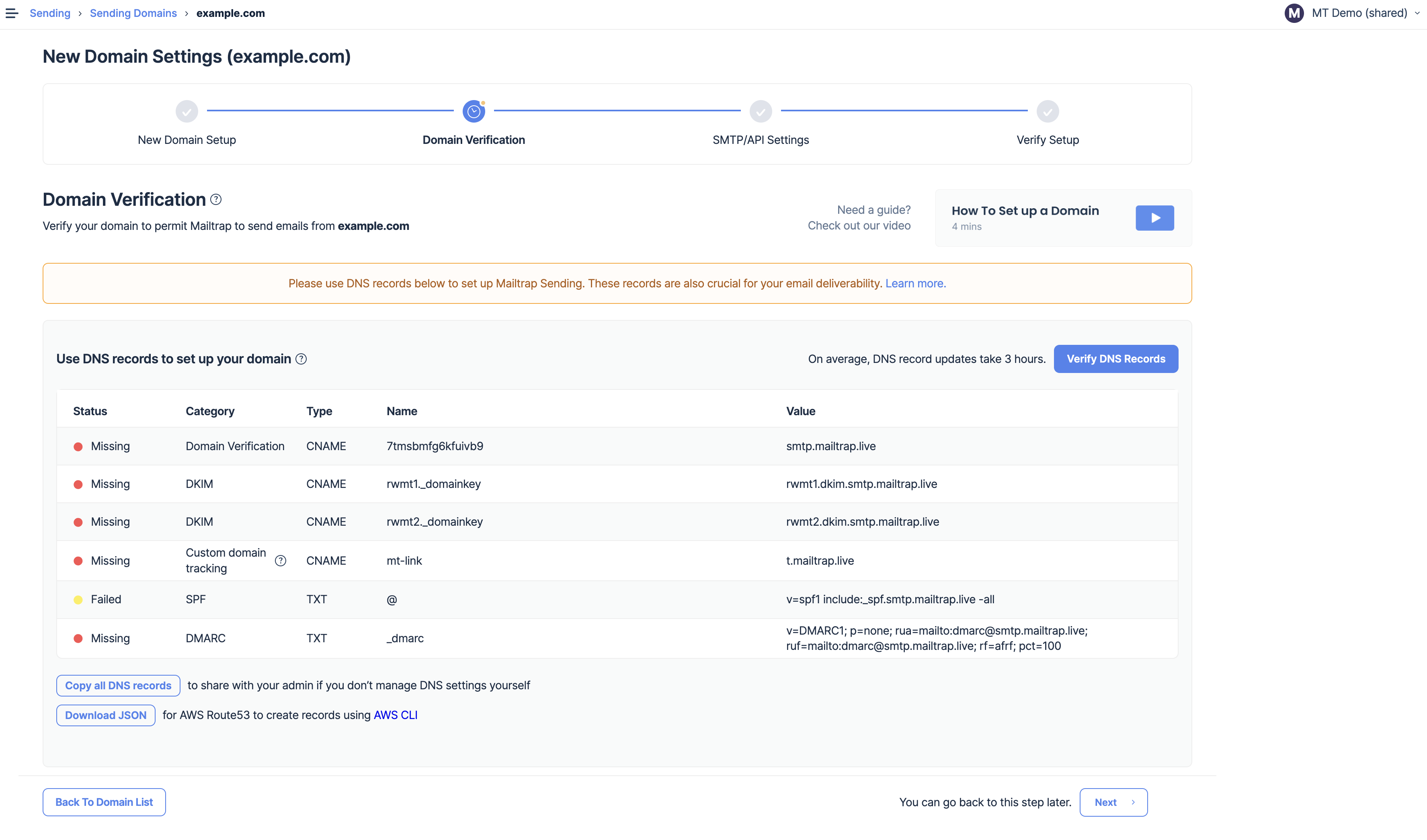 Mailtrap Email Sending Domain Settings UI 