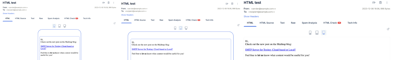Desktop, mobile, and tablet previews in Mailtrap Email Testing 