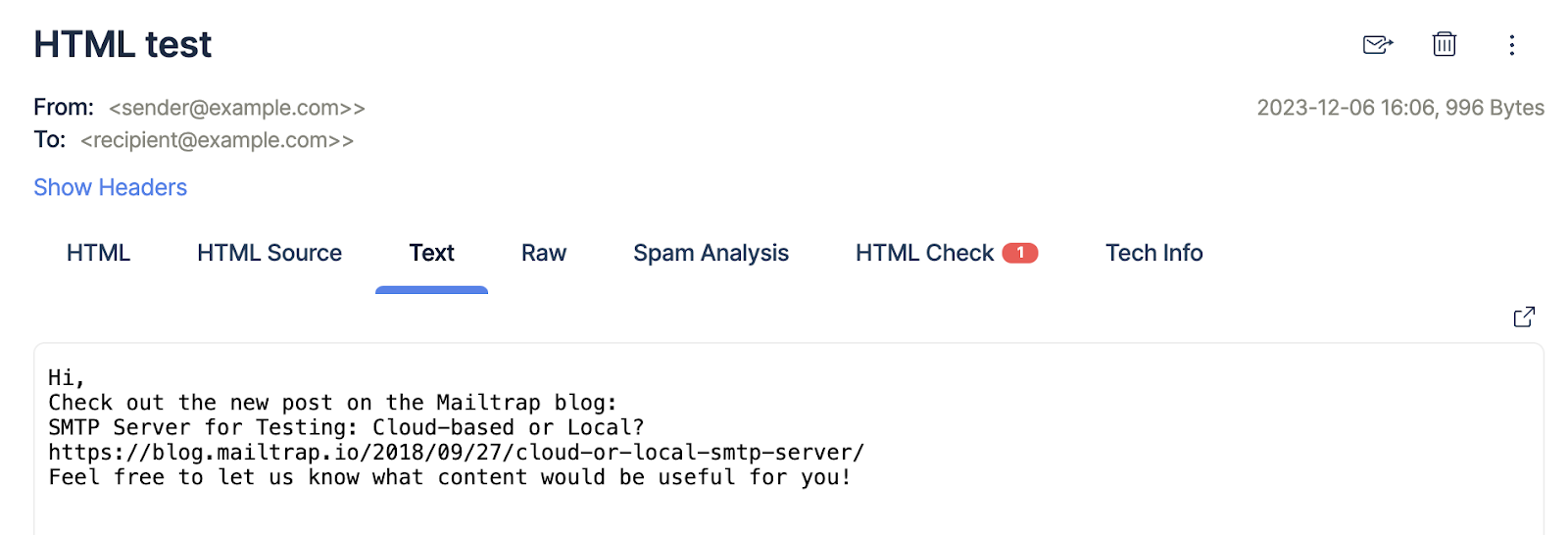 Comparação de conteúdo HTML e Texto no Mailtrap Email Testing
