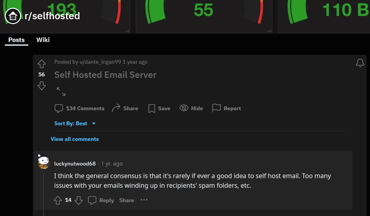 A screenshot of a comment from a Reddit user on self hosted email servers.