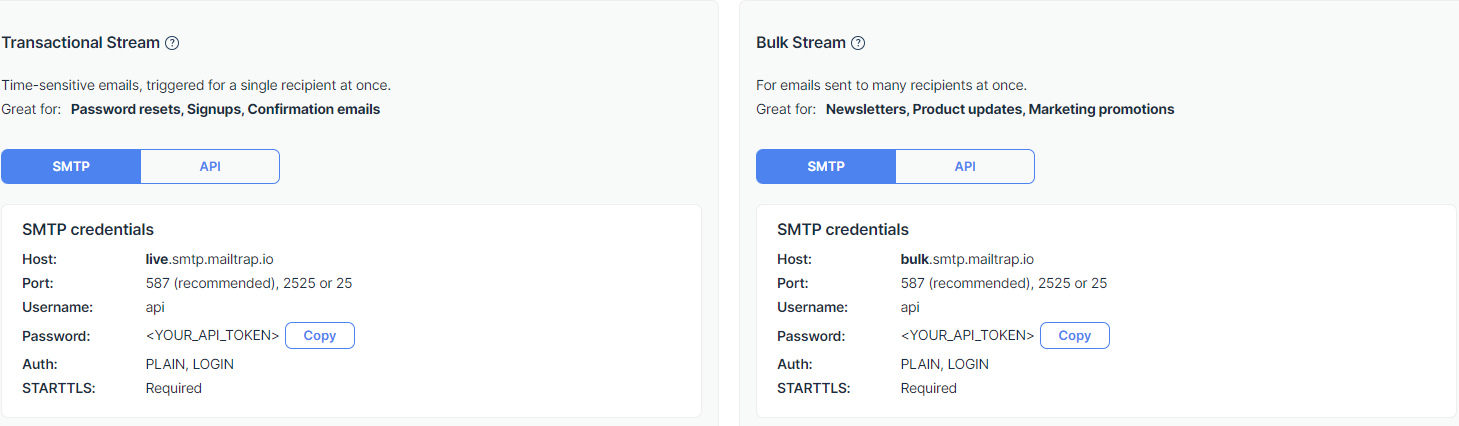 This image is showing the transactional and bulk email sending stream details in Mailtrap