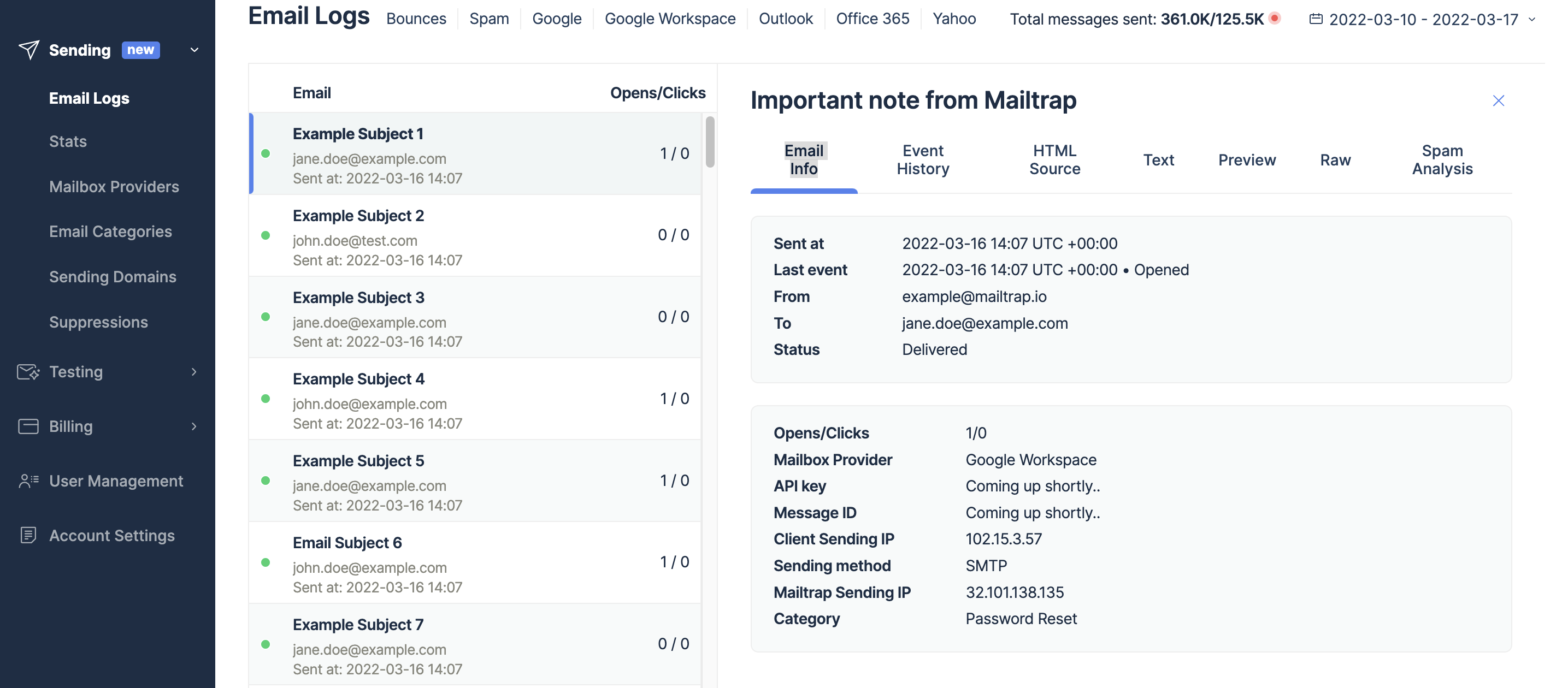 Mailtrap email sending email logs
