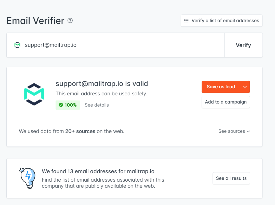 An example of trying to validate a valid email at Hunter.io