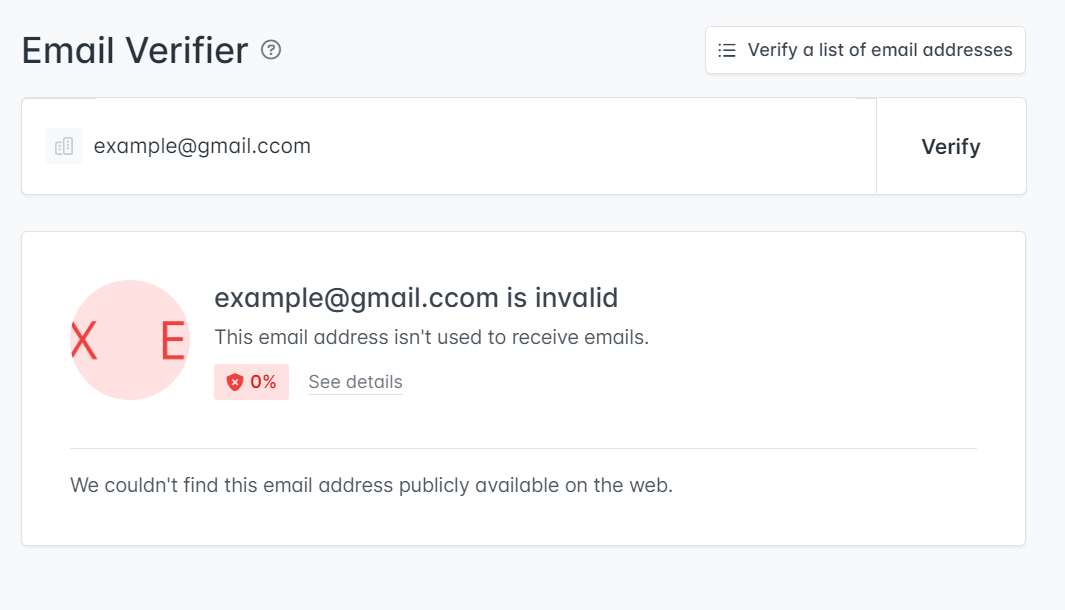 An example of trying to validate an email with a typo on Hunter.io