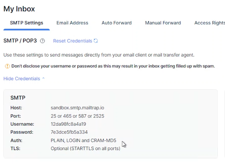 Mailtrap SMTP credentials.