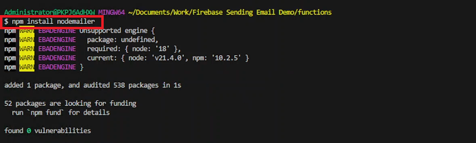 Screenshot depicting the npm install nodemailer command.
