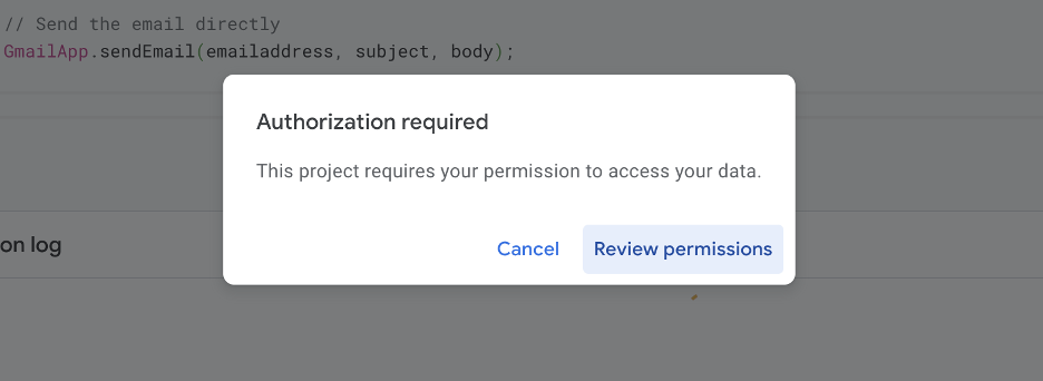 This is an image showing App Scripts authorization request