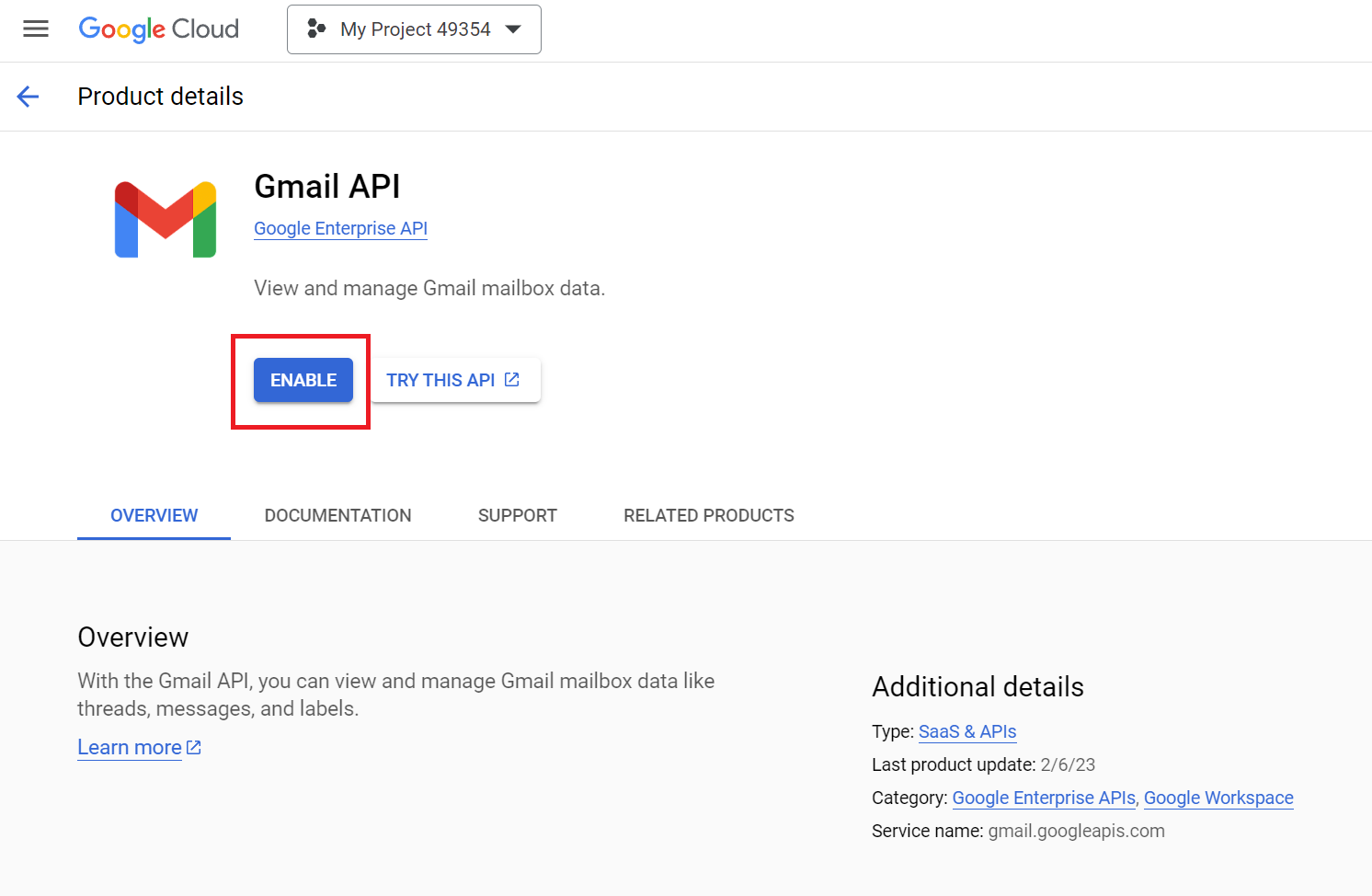 Enabling Gmail API in Google Developers Console