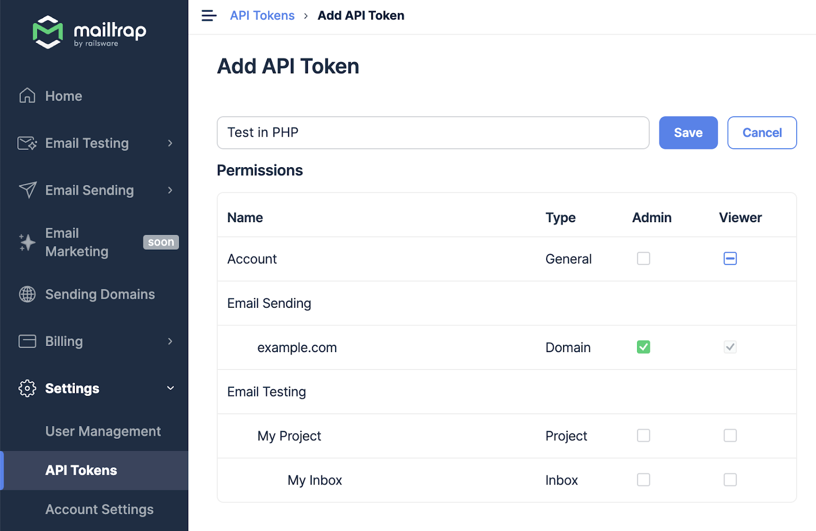Criando um token da API no Mailtrap Email Sending