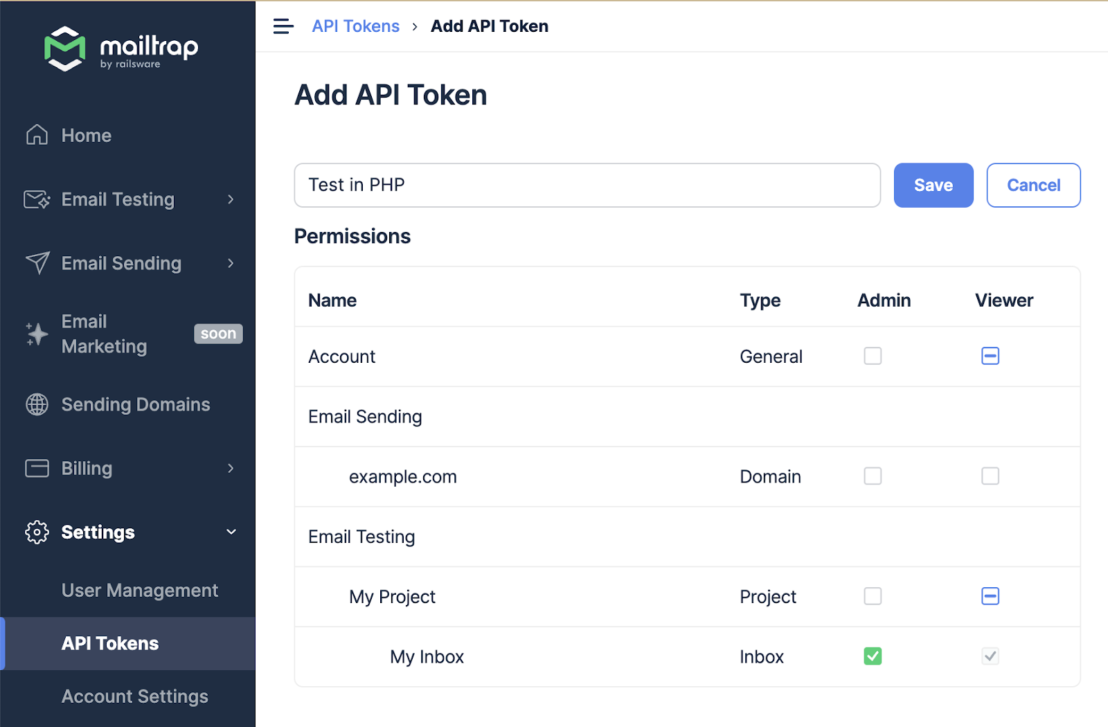 Criando um token da API para a caixa de entrada do Email Testing