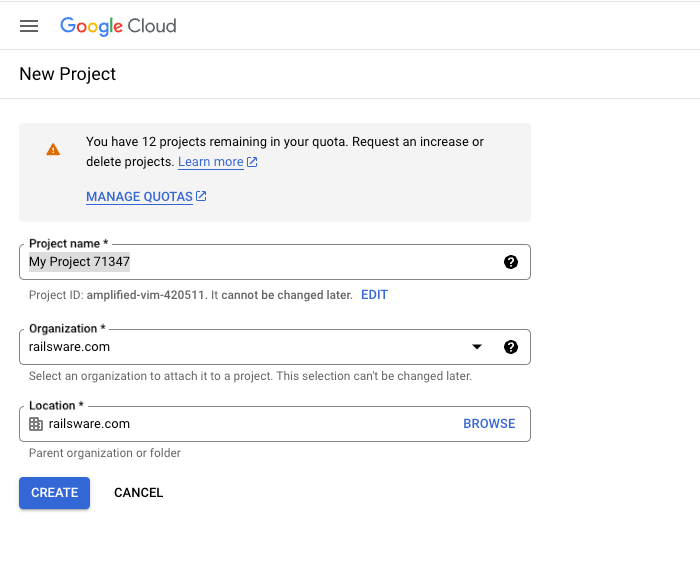 Creating a new project in Google Cloud Console.