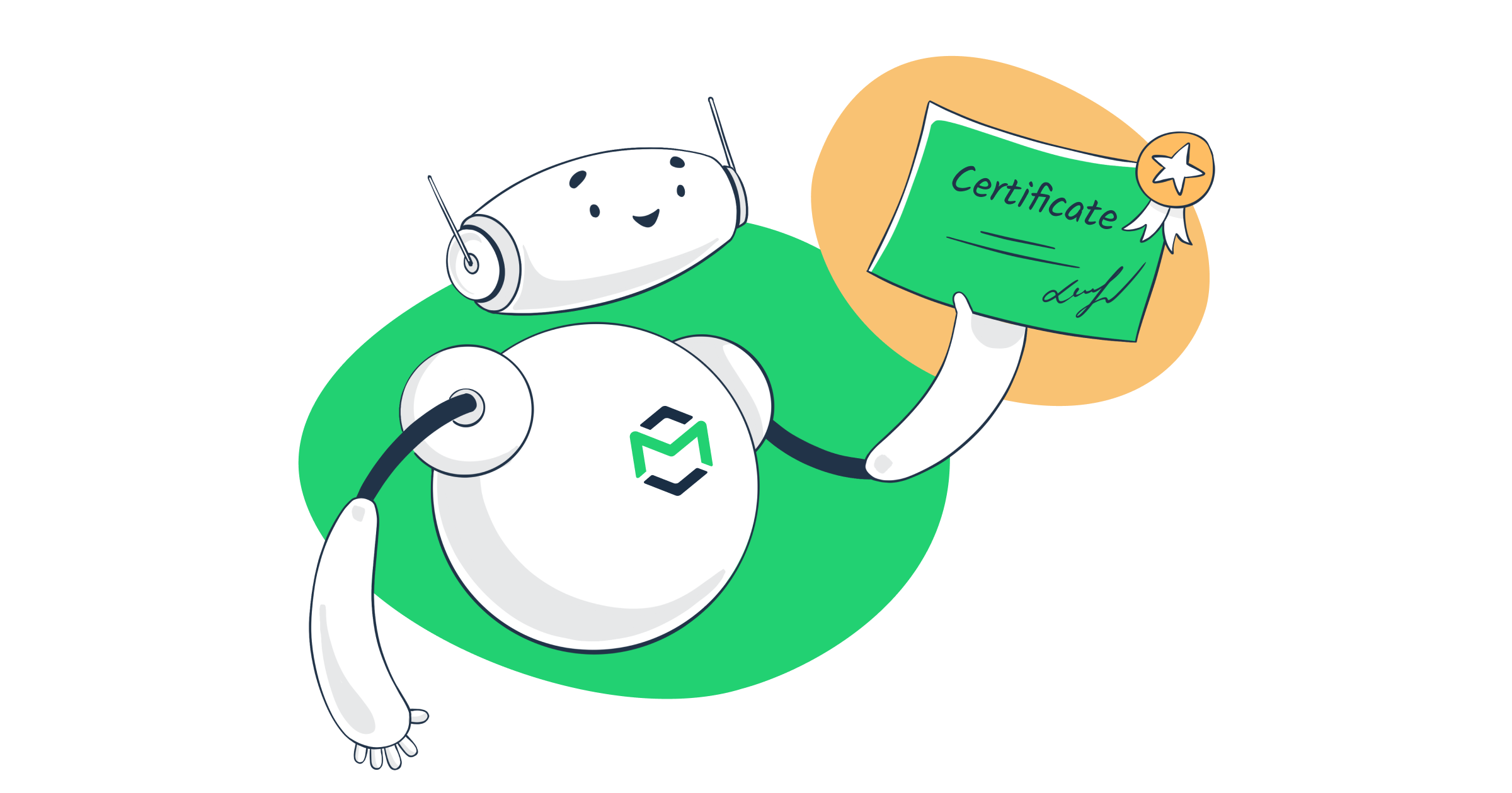 Mailtrap robot holds a certificate to indicate Mailtrap acquiring ISO certification