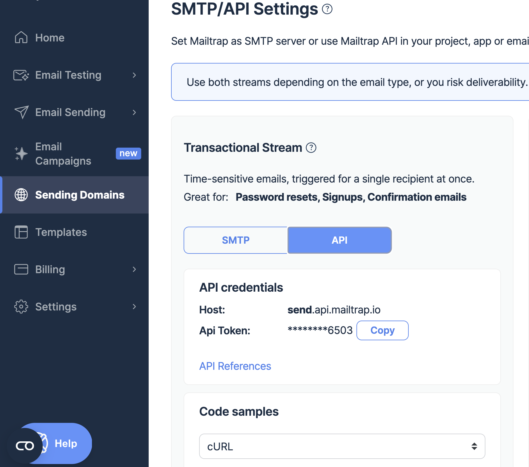 SMTP API Settings API method