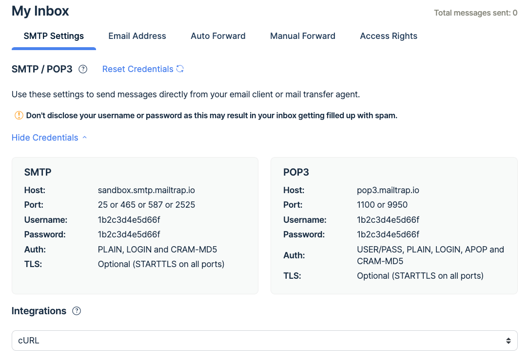 Configurações SMTP do Mailtrap Email Testing