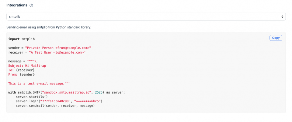 Integración smtplib de Email Testing de Mailtrap