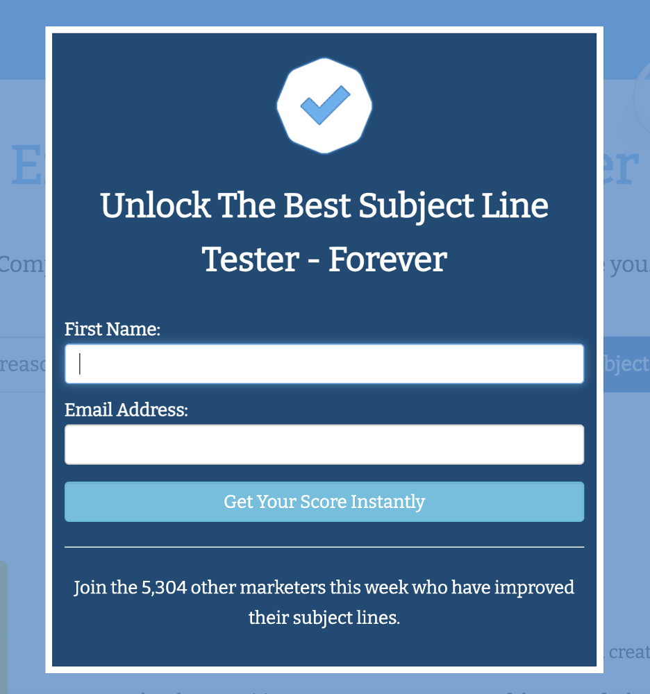 This is an image showing the Subject Line Tester by Send Check It signup window