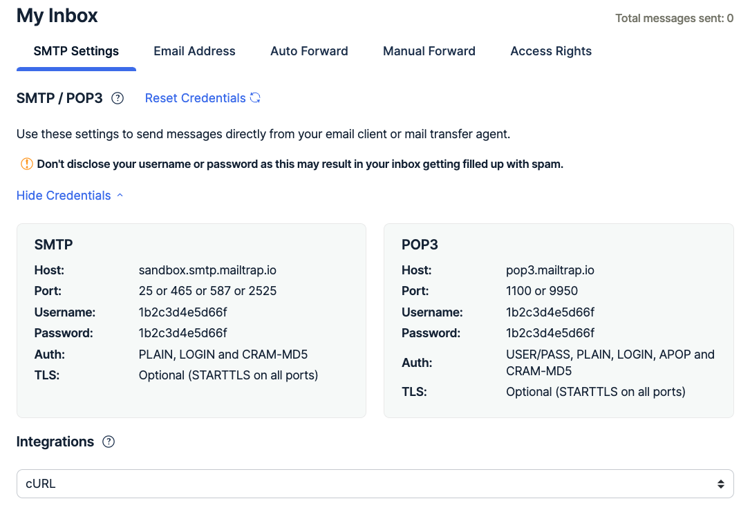 Menu das definições SMTP do Mailtrap Email Testing