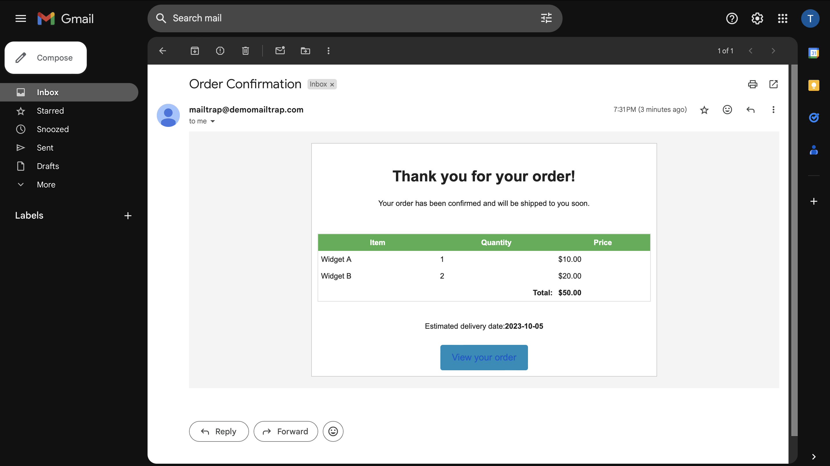 Order confirmation email template example