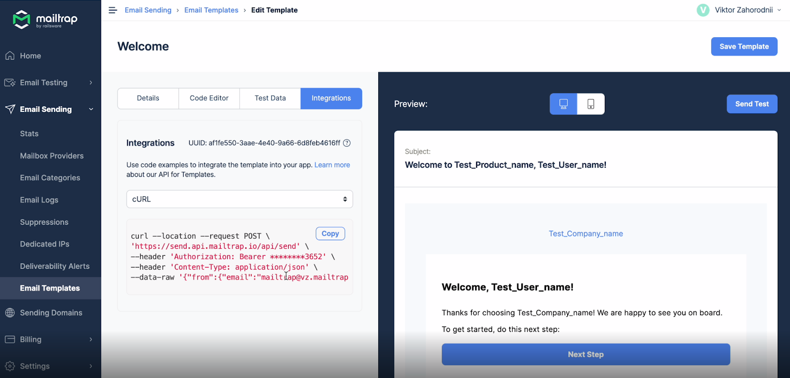 API test di modelli email di Mailtrap