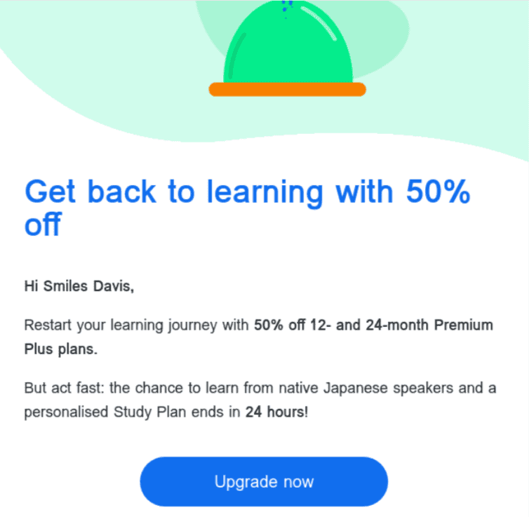 Personalized winback email from Busuu