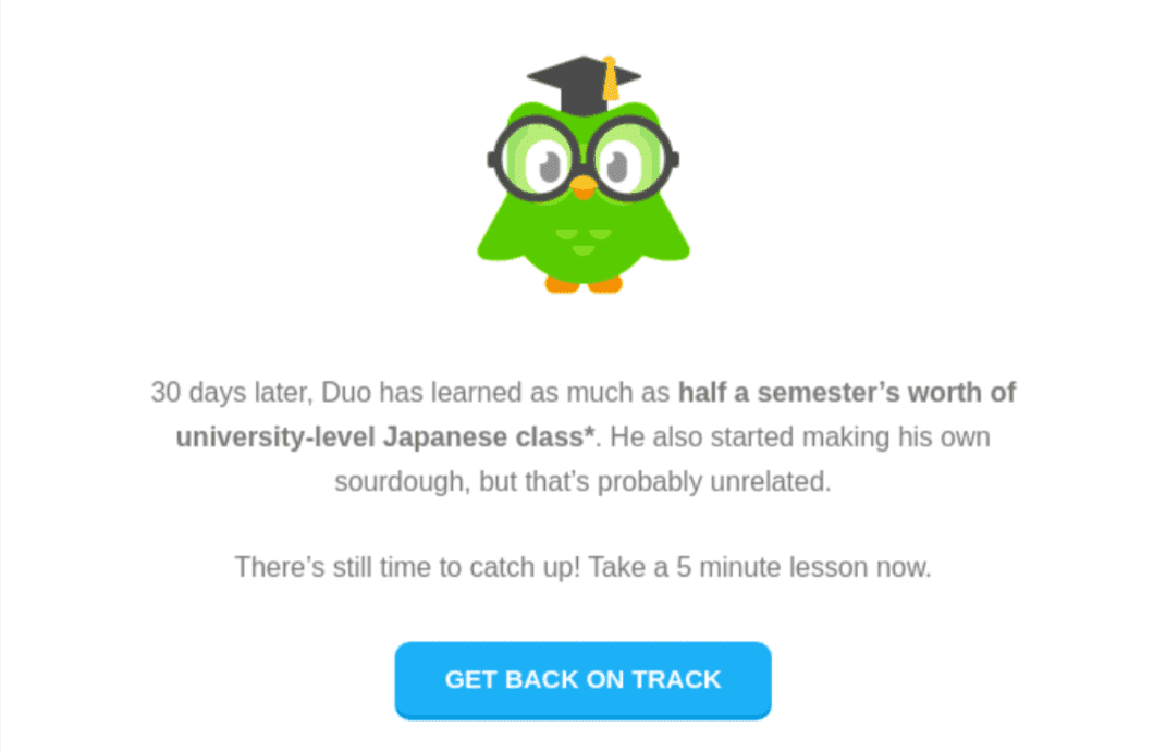 Winback email from Duolingo with a clear CTA